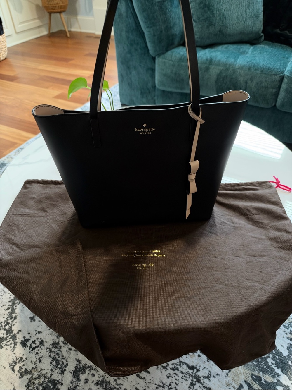 Kate Spade Black Leather Tote Cream Bow Charm + Original Dust Bag